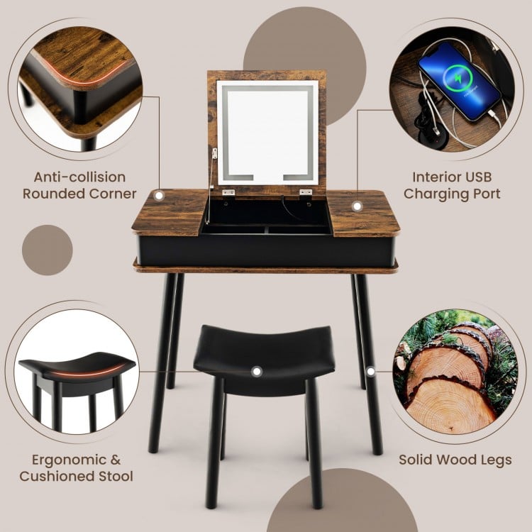 Vanity Table Set with Flip Top Mirror Lights USB Writing Desk and Stool-Brown