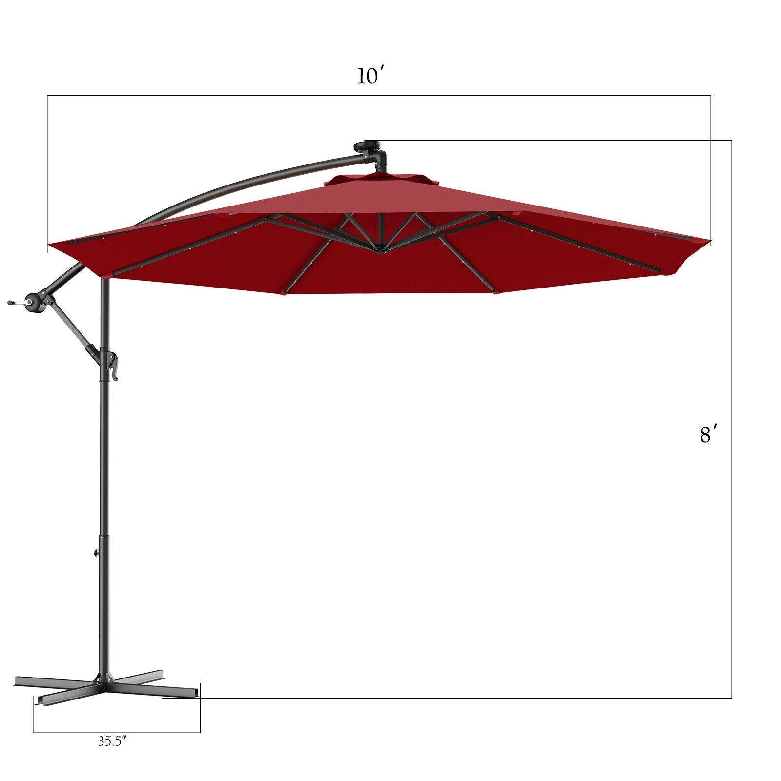 10 Feet Patio Hanging Solar LED Umbrella Sun Shade with Cross Base-Burgundy