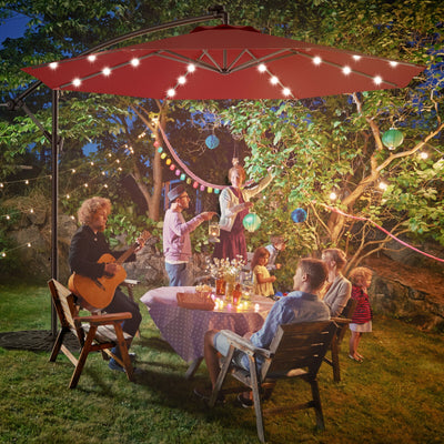 10 Feet Patio Hanging Solar LED Umbrella Sun Shade with Cross Base-BurgundyÂ 