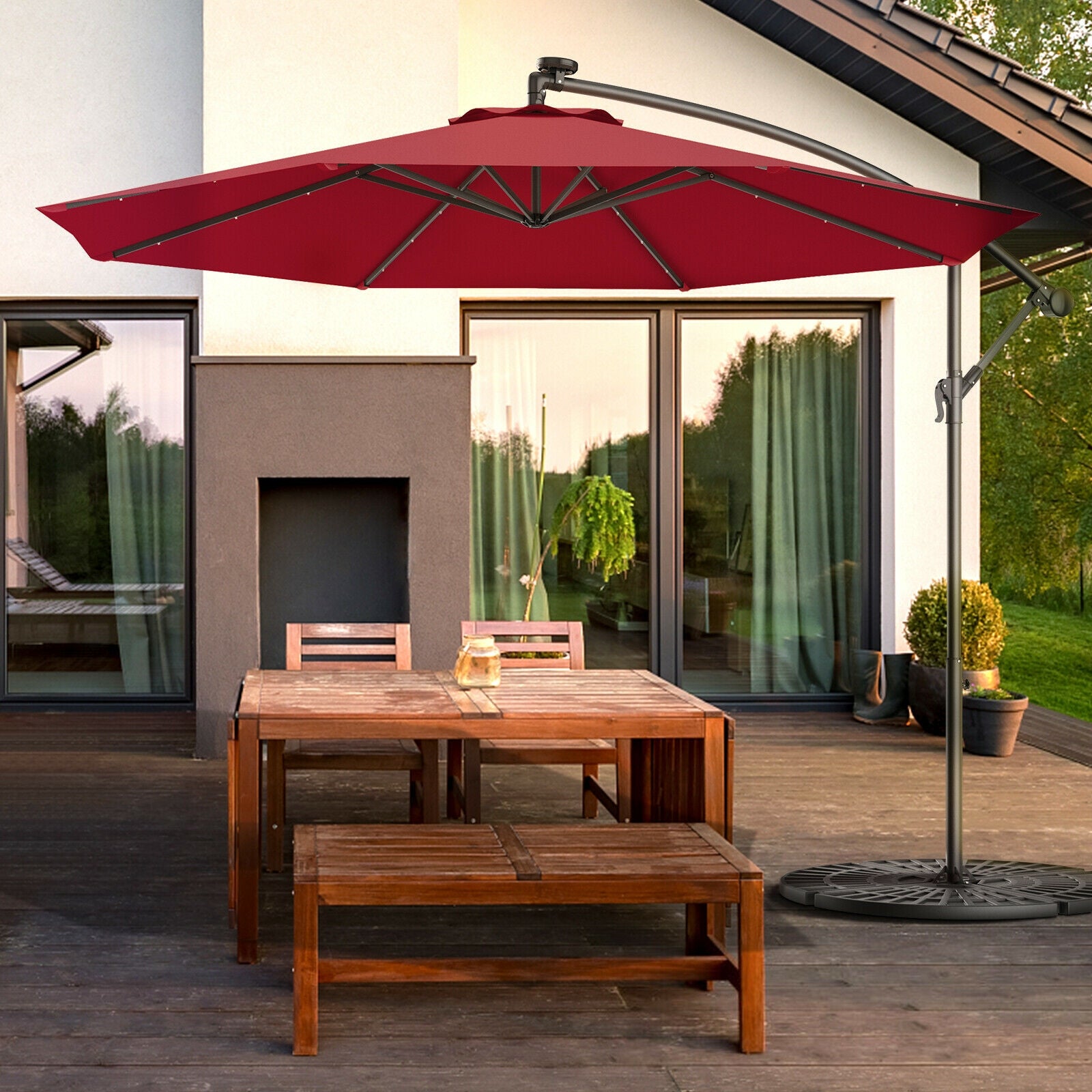 10 Feet Patio Hanging Solar LED Umbrella Sun Shade with Cross Base-Burgundy