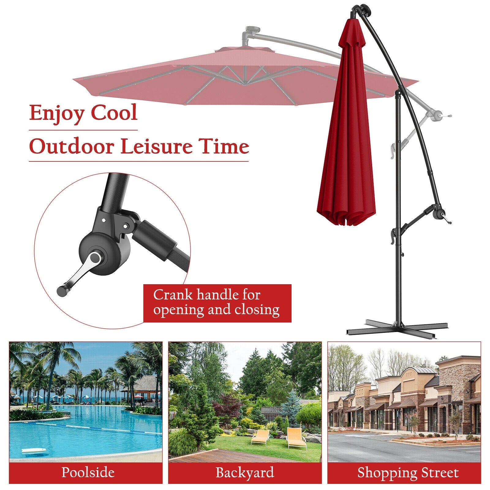 10 Feet Patio Hanging Solar LED Umbrella Sun Shade with Cross Base-Burgundy