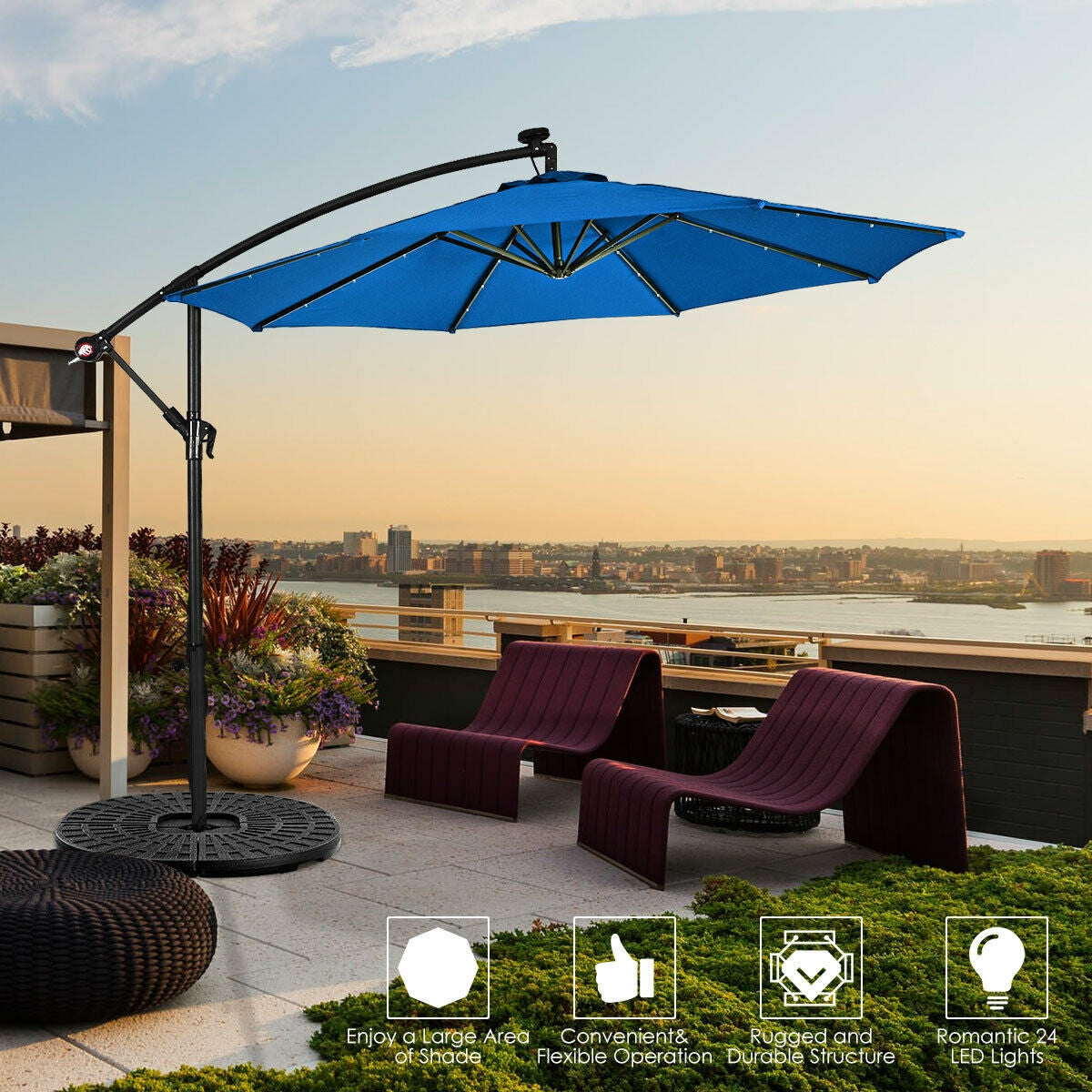 10" Patio Hanging Solar LED Umbrella Sun Shade with Cross Base-Blue