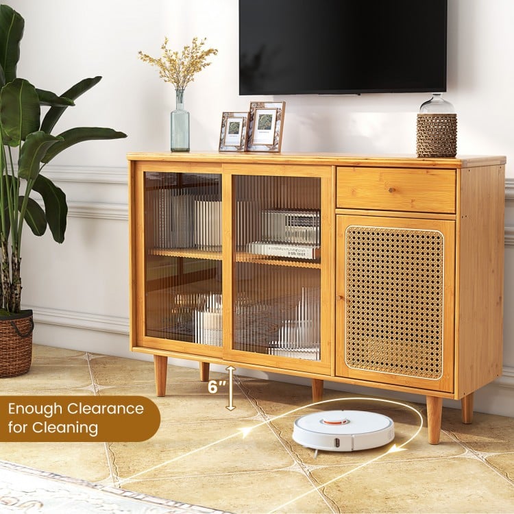 Modern Bamboo Buffet Sideboard Cabinet with Tempered Glass Sliding Doors-Natural