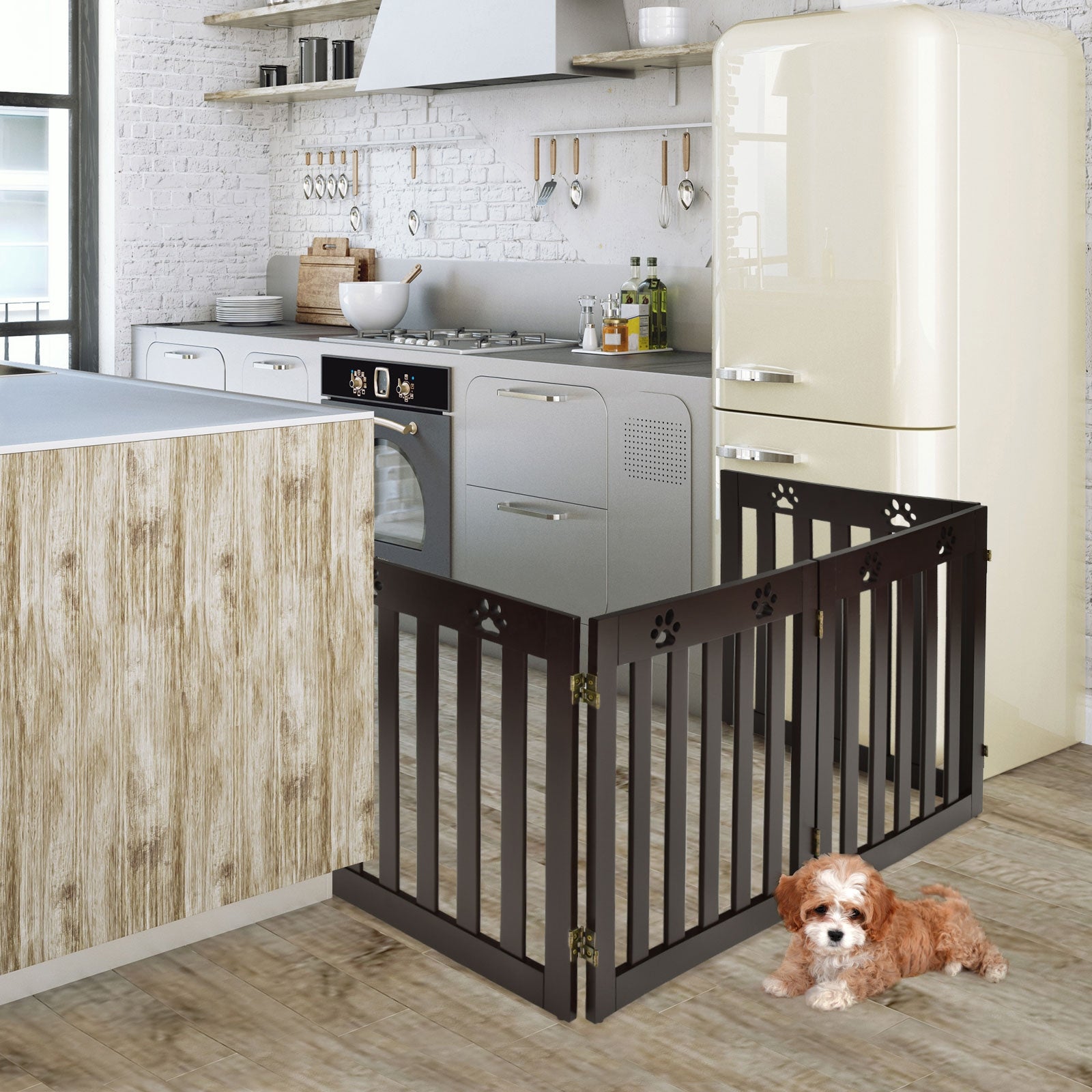 24 Inch Folding Wooden Freestanding Pet Gate Dog Gate with 360° Hinge -Espresso