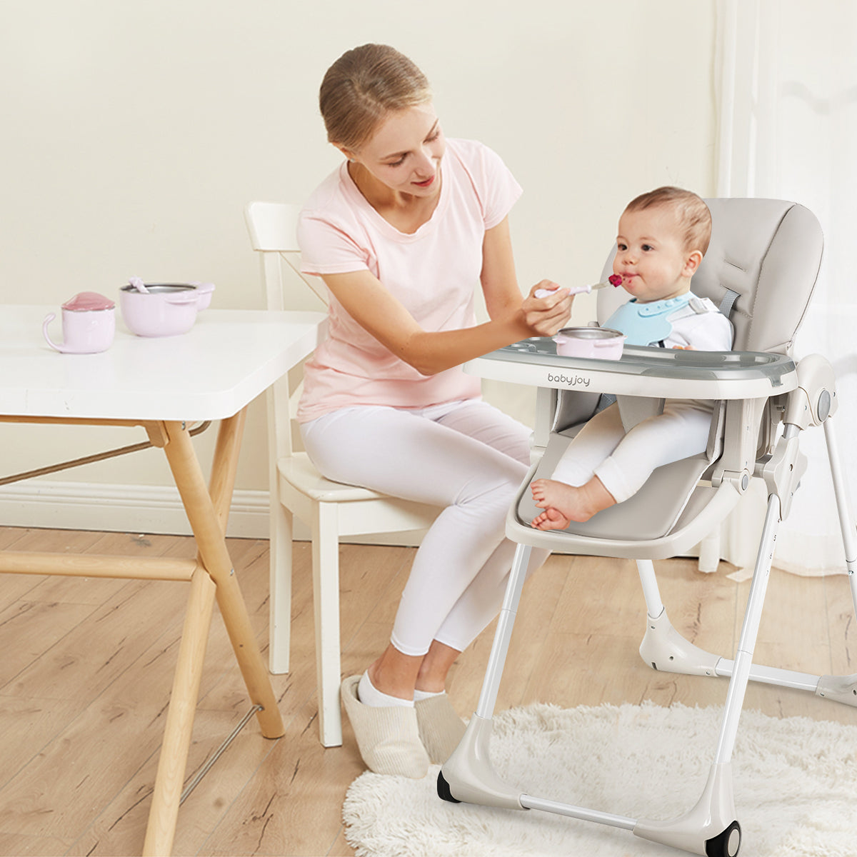 Baby Convertible High Chair with Wheels-Gray 