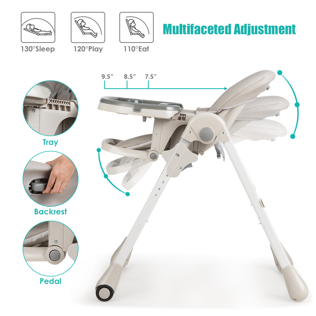 Baby Convertible High Chair with Wheels-Gray