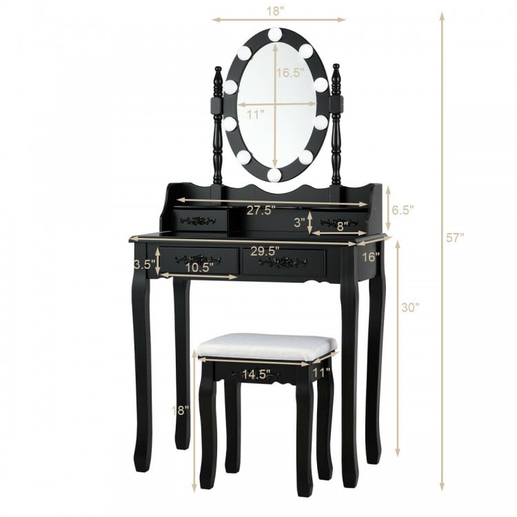 Makeup Dressing Table with Touch Switch Lighted Mirror and Cushioned Stool-Black