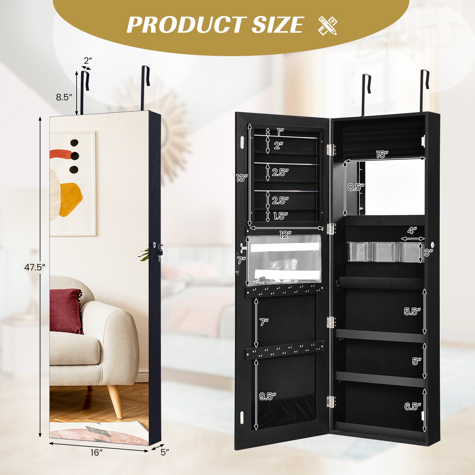 Lockable Storage Jewelry Cabinet  with Frameless Mirror-Black