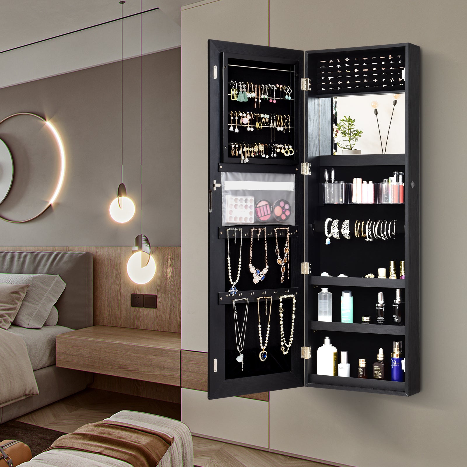 Lockable Storage Jewelry Cabinet  with Frameless Mirror-Black