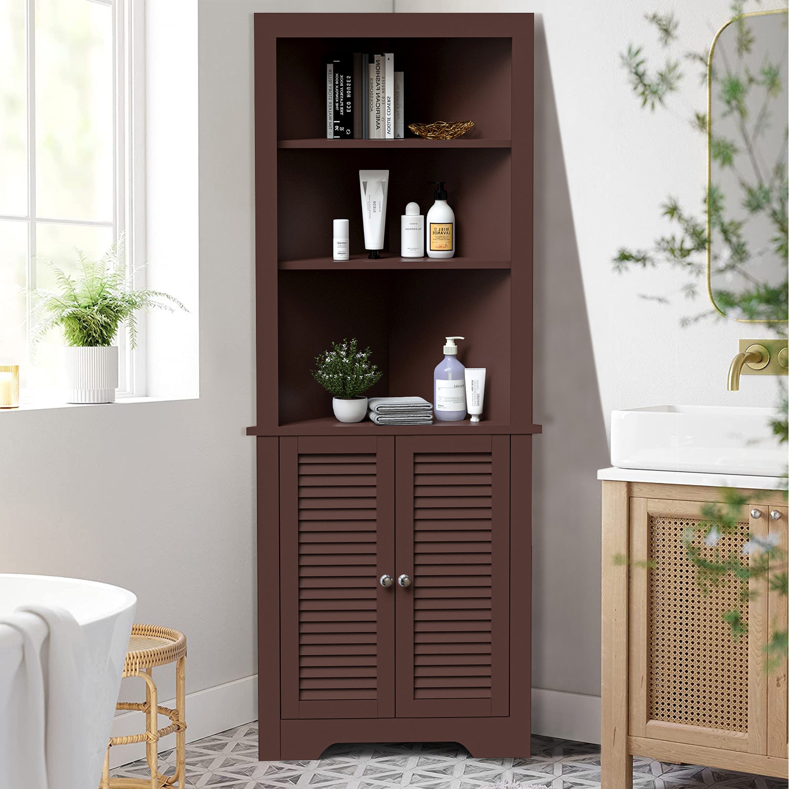 Free Standing Tall Bathroom Corner Storage Cabinet with 3 Shelves-BrownÂ 