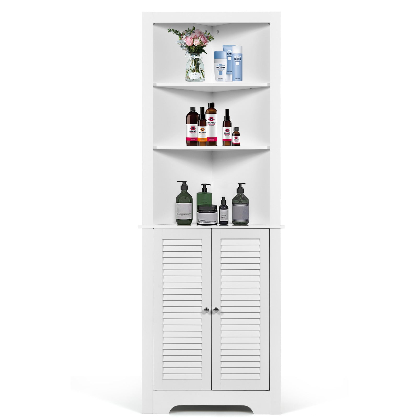 Free Standing Tall Bathroom Corner Storage Cabinet with 3 Shelves-White