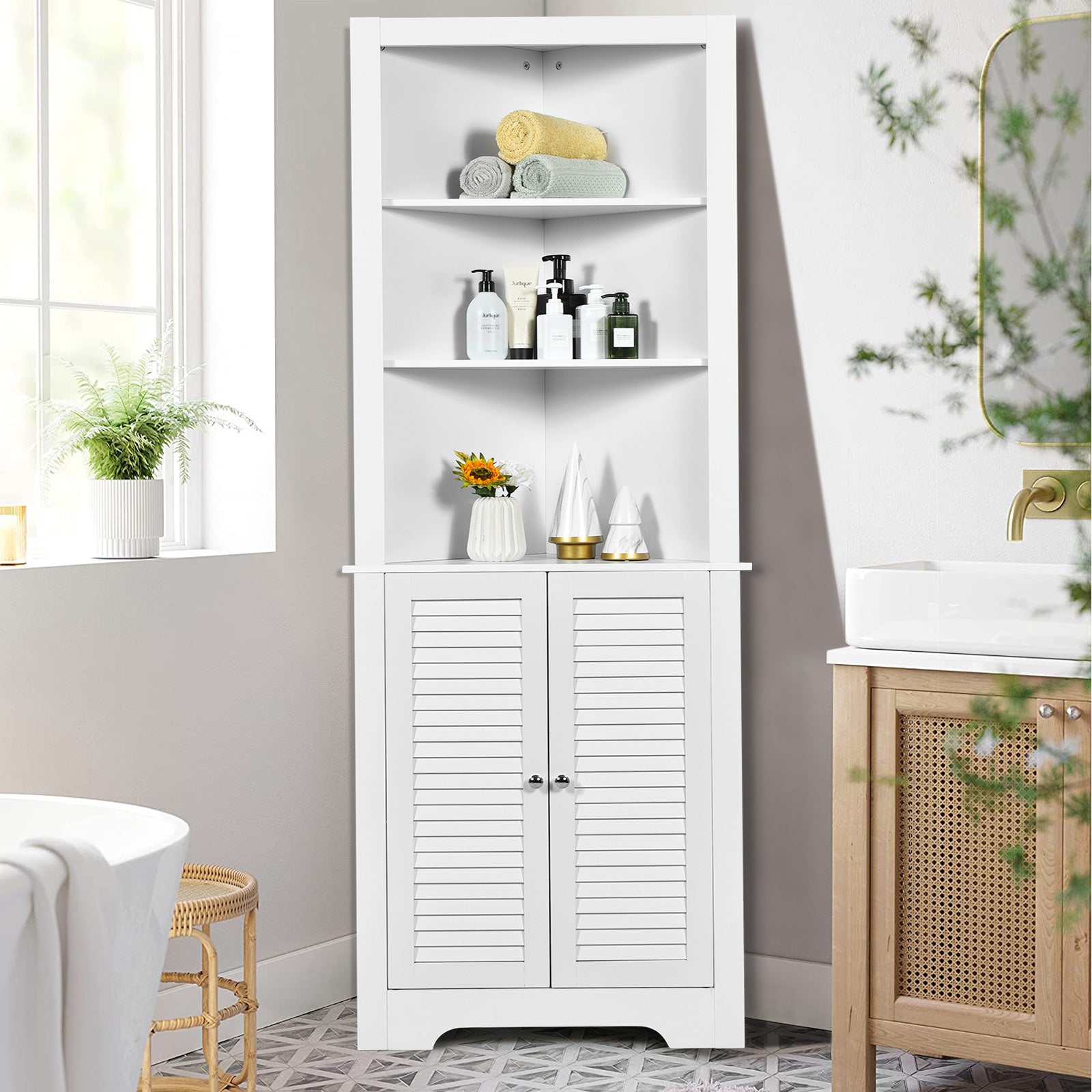 Free Standing Tall Bathroom Corner Storage Cabinet with 3 Shelves-White