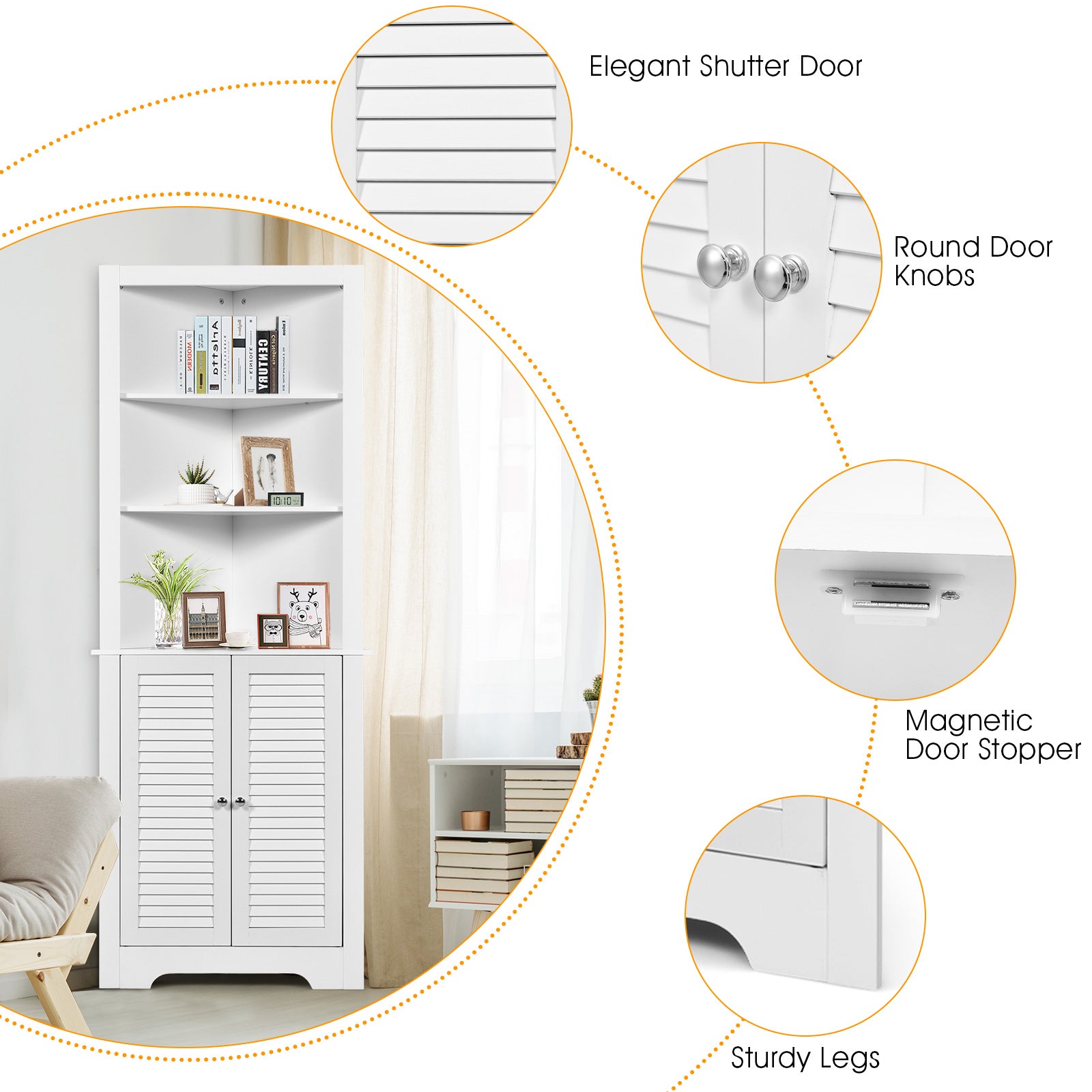 Free Standing Tall Bathroom Corner Storage Cabinet with 3 Shelves-White