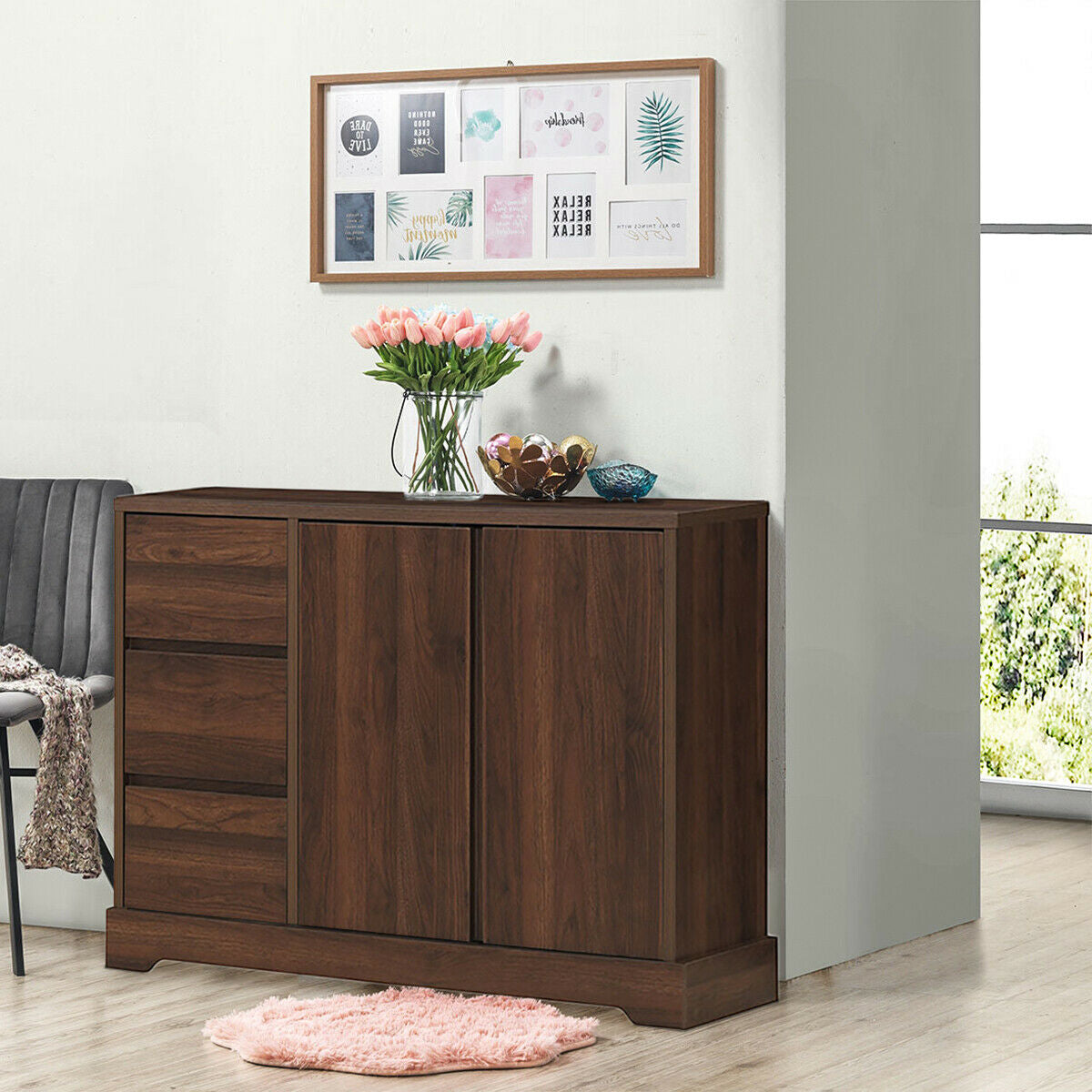 Buffet Sideboard Storage Console Table with 3 Drawers and 2-Door Cabinets