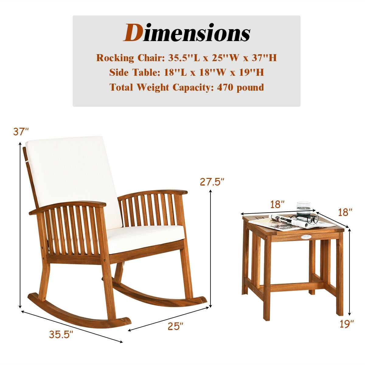 2 Pieces Acacia Wood Patio Rocking Chair Table Set