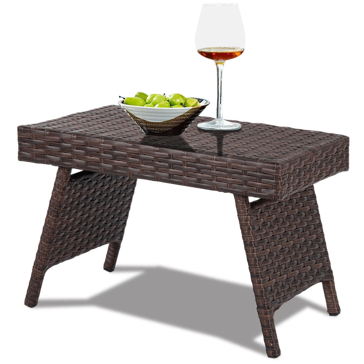 Folding PE Rattan Side Coffee Table Patio Garden Furniture-Brown