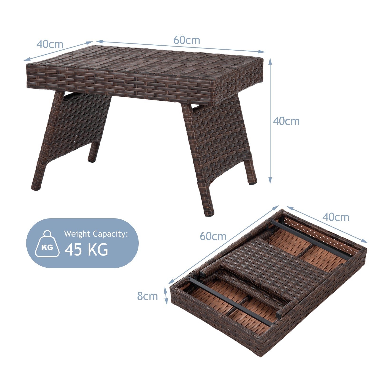 Folding PE Rattan Side Coffee Table Patio Garden Furniture-Brown