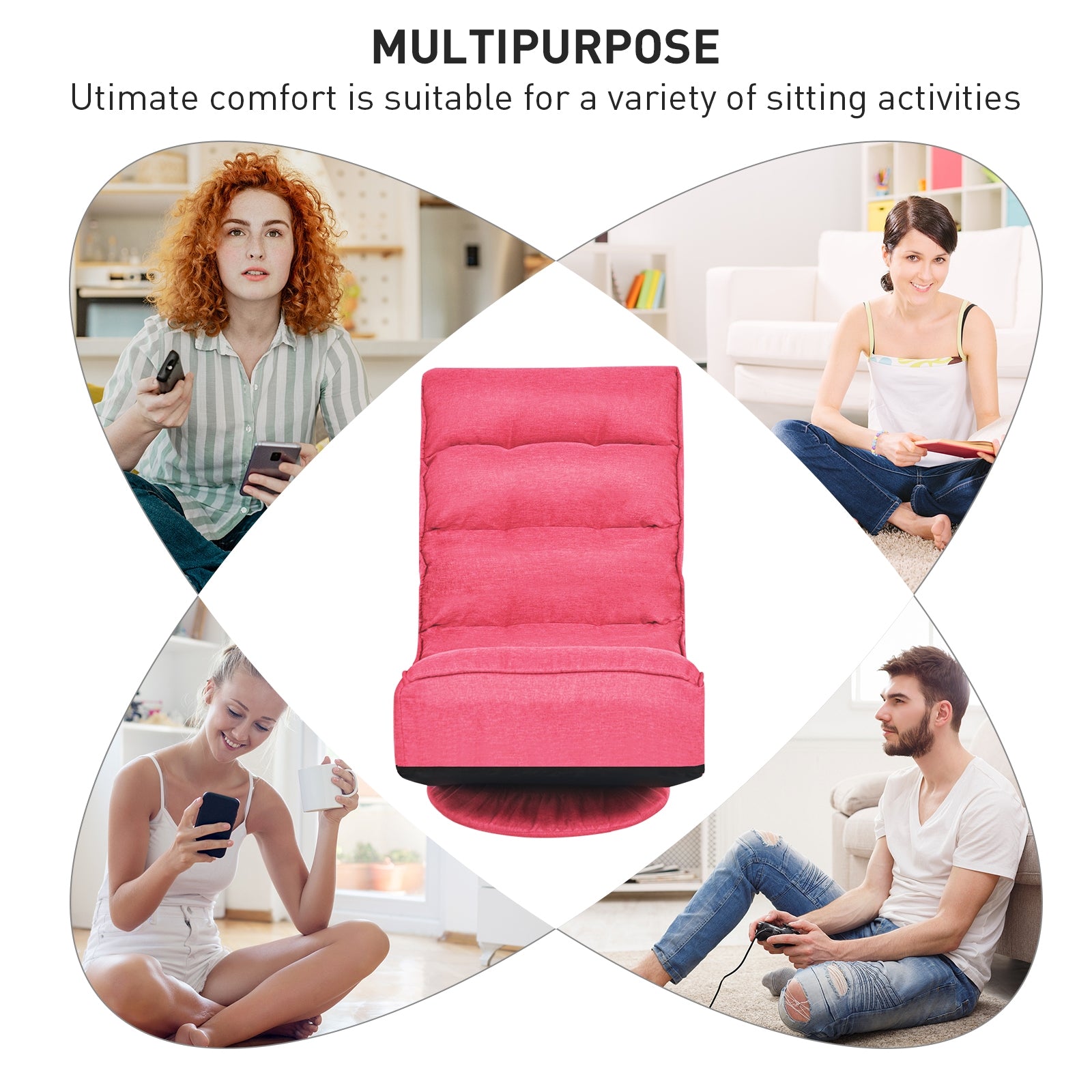 5-Position Folding Floor Gaming Chair with Tufted Back Support-PinkÂ 