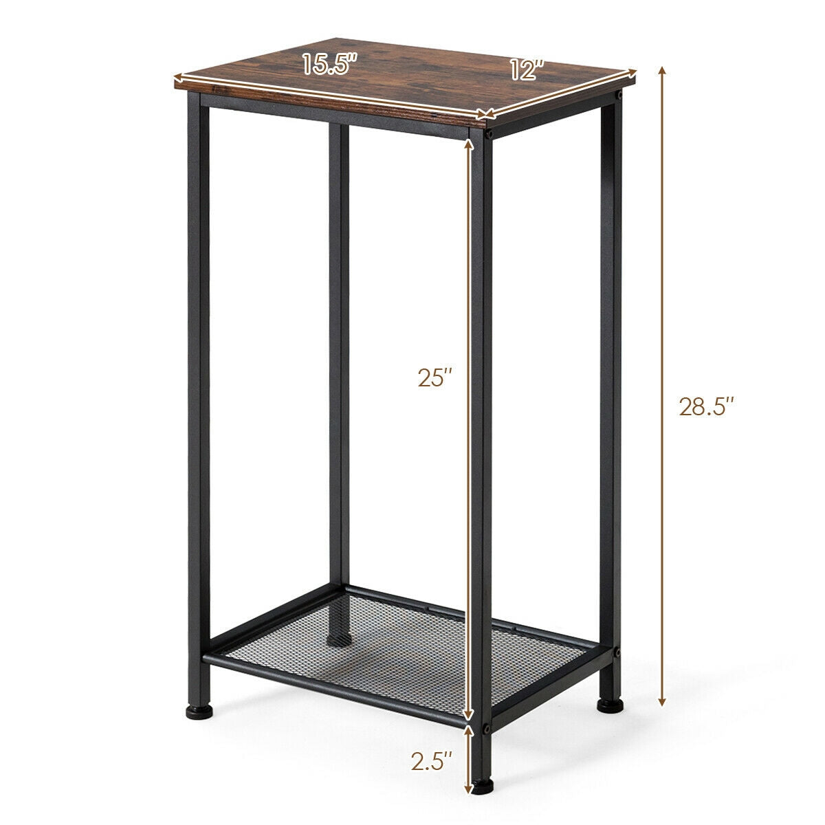 2-Tier Industrial End Table with Metal Mesh Storage Shelves