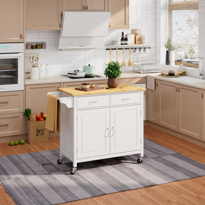 Modern Rolling Kitchen Cart Island with Wooden Top-WhiteÂ 