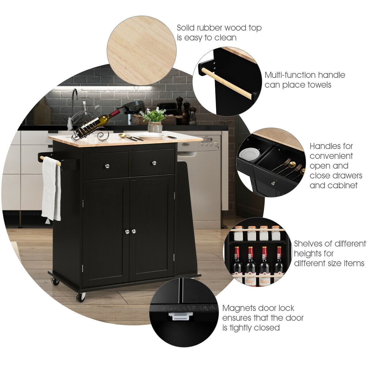 Rubber Wood Countertop Rolling Kitchen Island Cart-Black