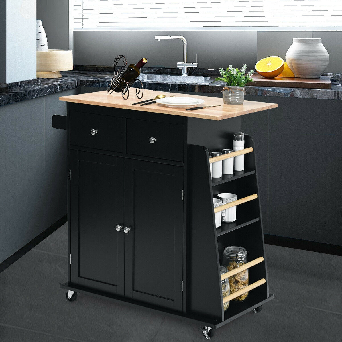 Rubber Wood Countertop Rolling Kitchen Island Cart-Black 