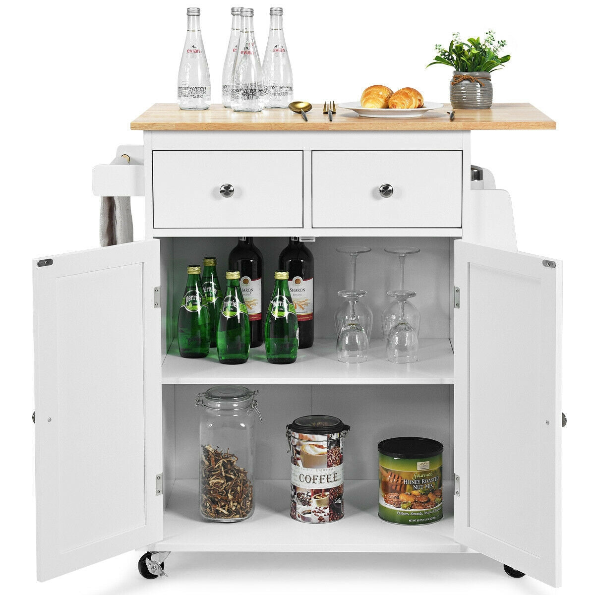 Rubber Wood Countertop Rolling Kitchen Island Cart-White