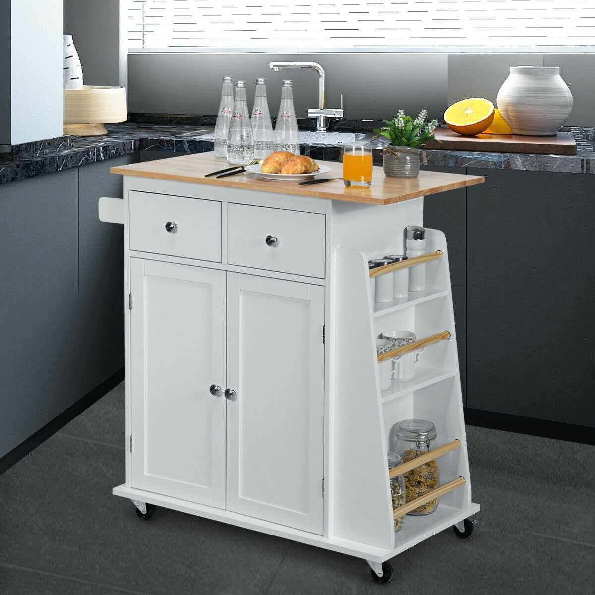 Rubber Wood Countertop Rolling Kitchen Island Cart-White 