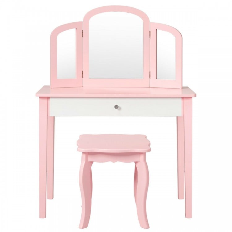 Kids Princess Make Up Dressing Table with Tri-folding Mirror and Chair-White