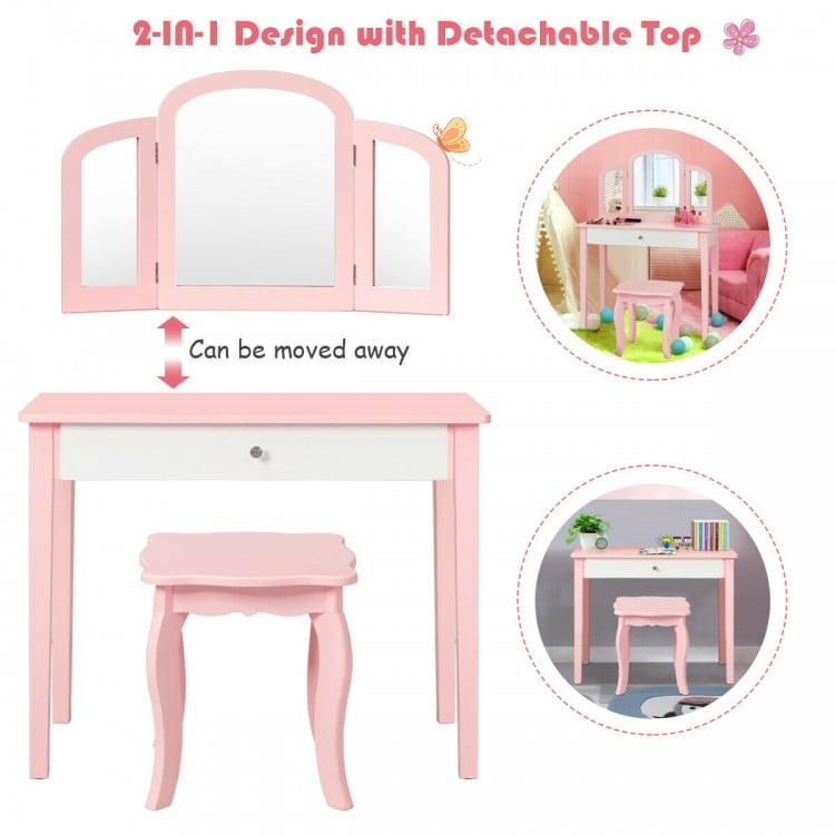 Kids Princess Make Up Dressing Table with Tri-folding Mirror and Chair-White
