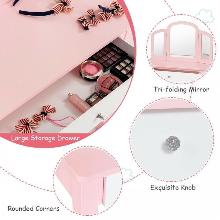 Kids Princess Make Up Dressing Table with Tri-folding Mirror and Chair-White
