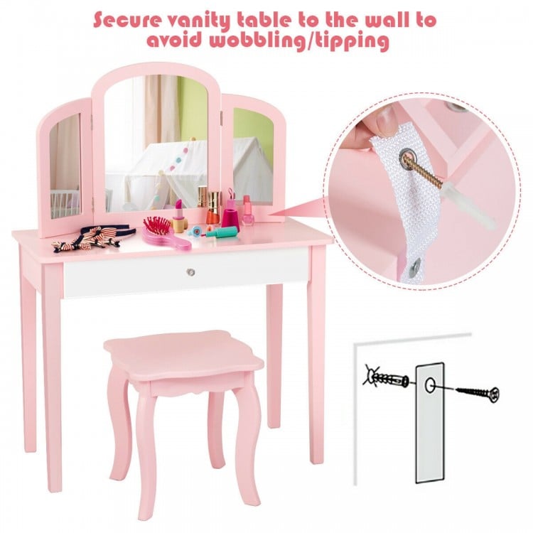 Kids Princess Make Up Dressing Table with Tri-folding Mirror and Chair-White