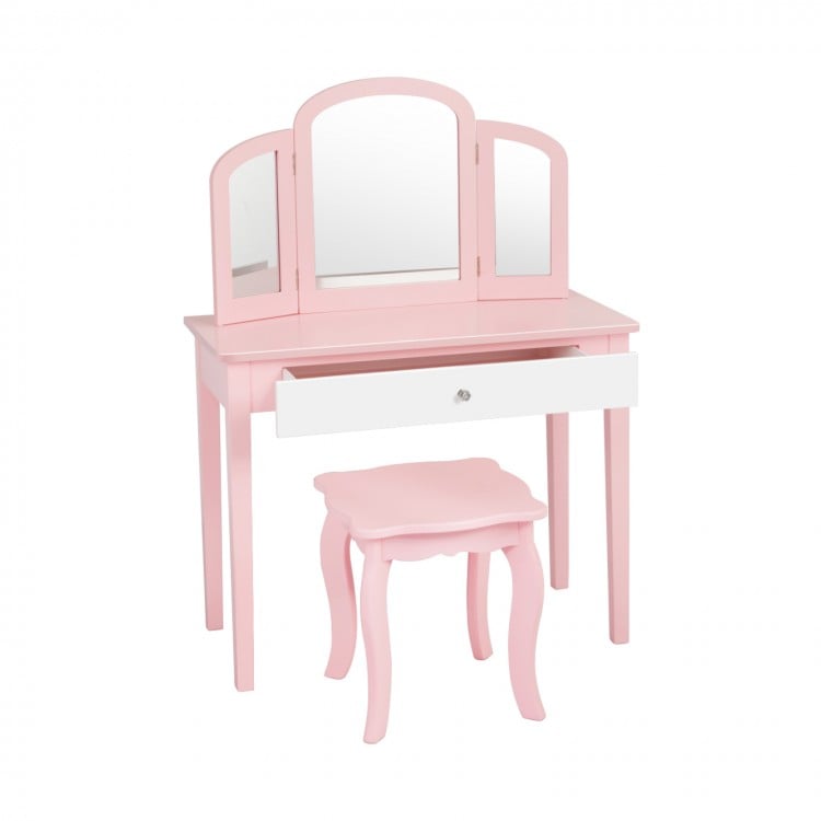 Kids Princess Make Up Dressing Table with Tri-folding Mirror and Chair-White