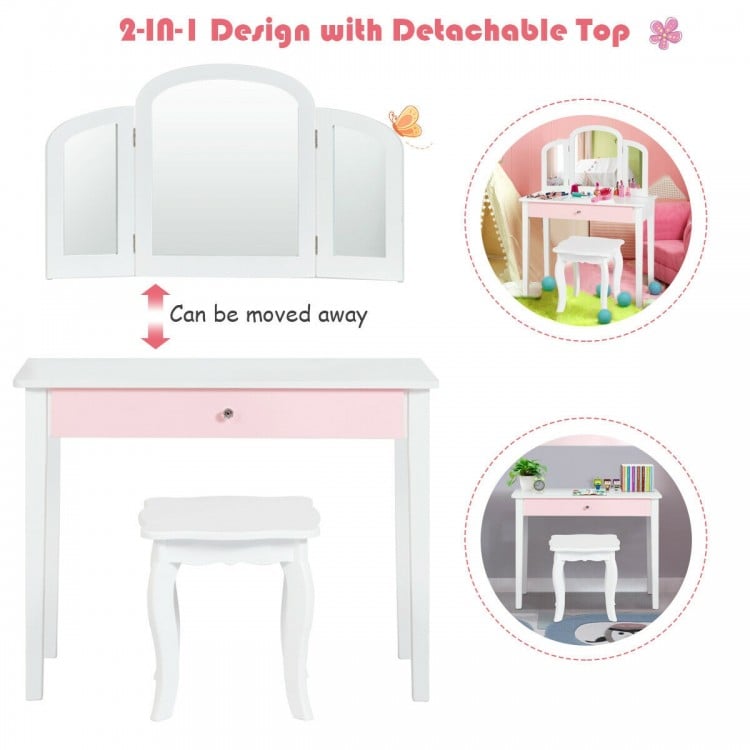 Kids Princess Make Up Dressing Table with Tri-folding Mirror and Chair-Pink