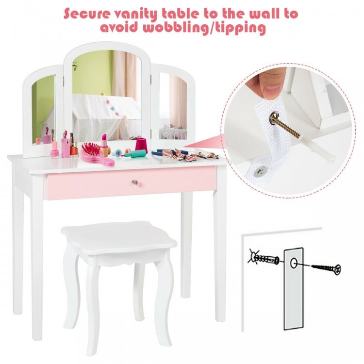 Kids Princess Make Up Dressing Table with Tri-folding Mirror and Chair-Pink