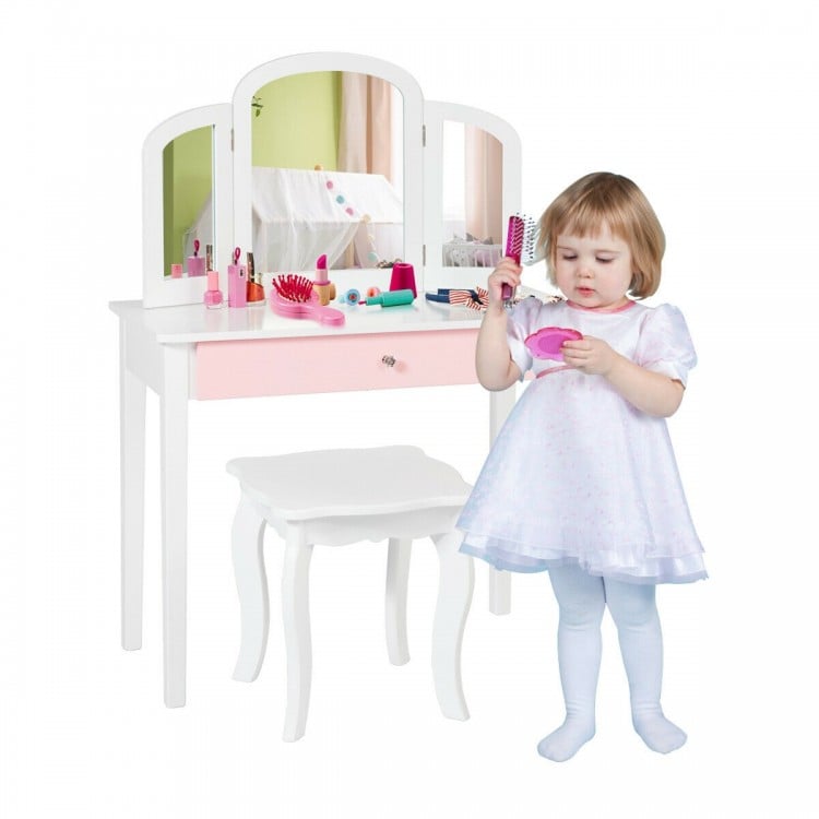 Kids Princess Make Up Dressing Table with Tri-folding Mirror and Chair-Pink