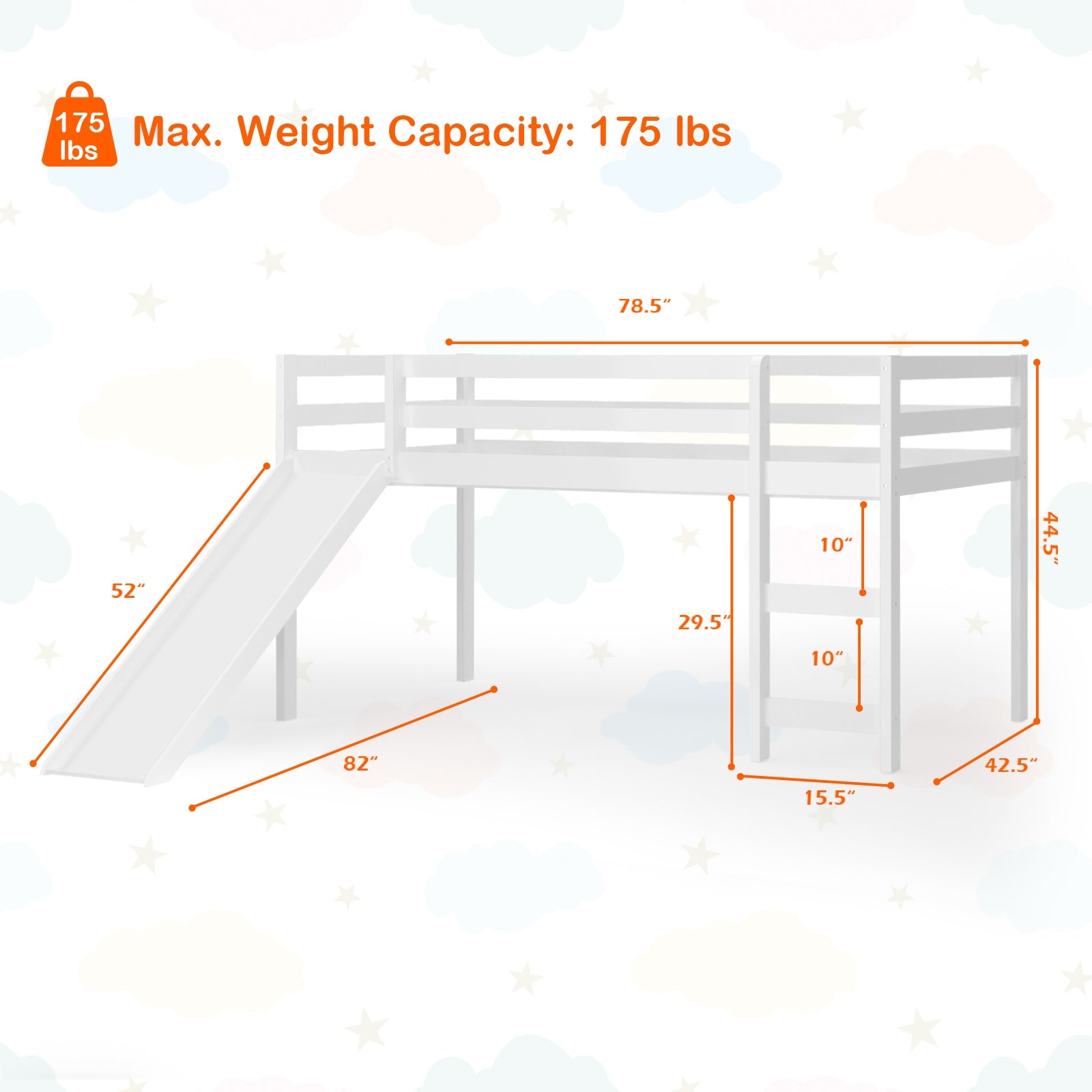 Twin Size Low Sturdy Loft Bed with Slide Wood -White