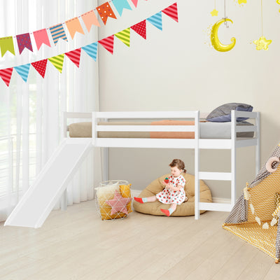 Twin Size Low Sturdy Loft Bed with Slide Wood -White 