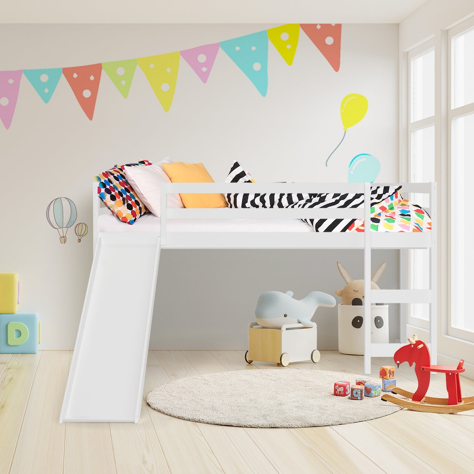 Twin Size Low Sturdy Loft Bed with Slide Wood -White