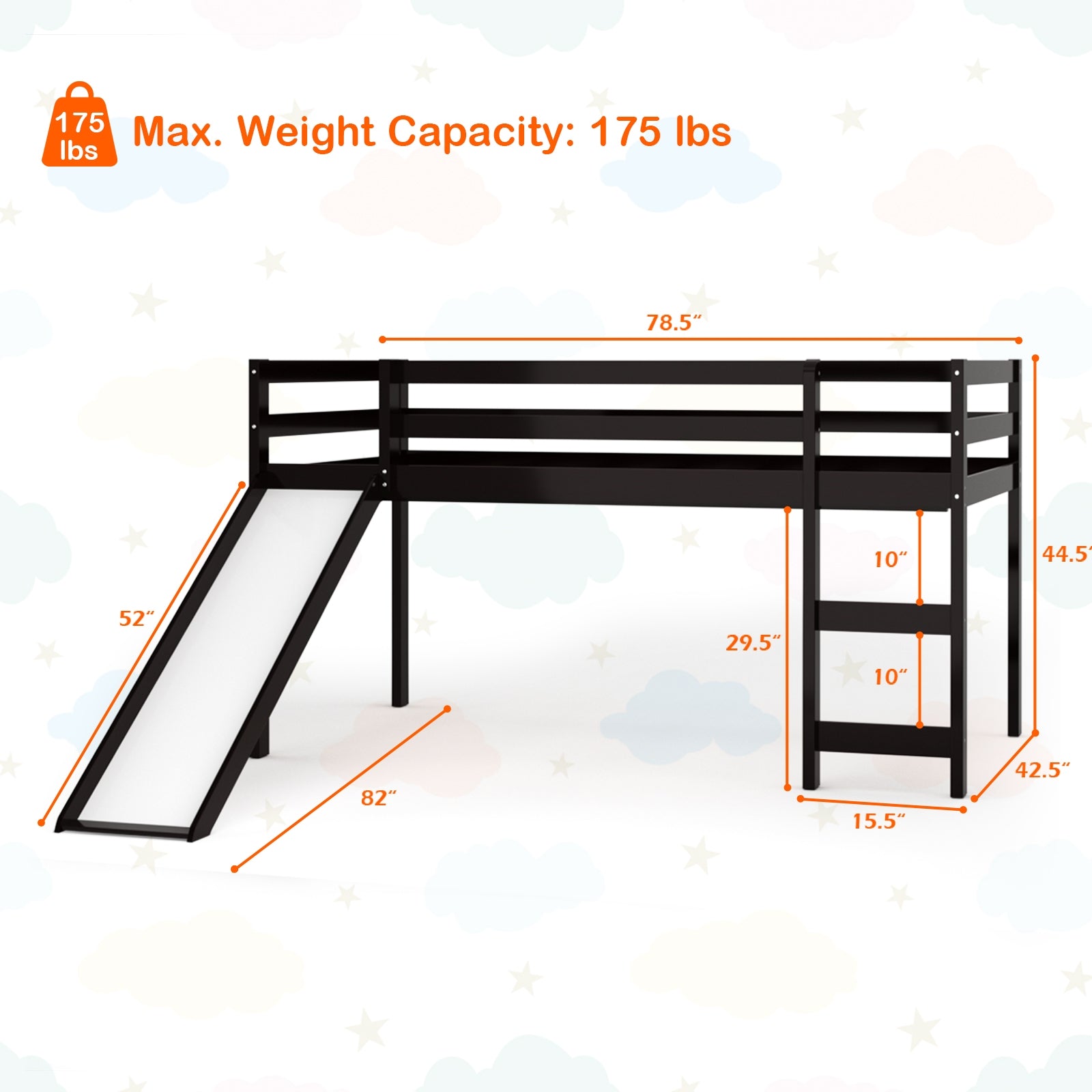 Twin Size Low Sturdy Loft Bed with Slide Wood -Dark Brown