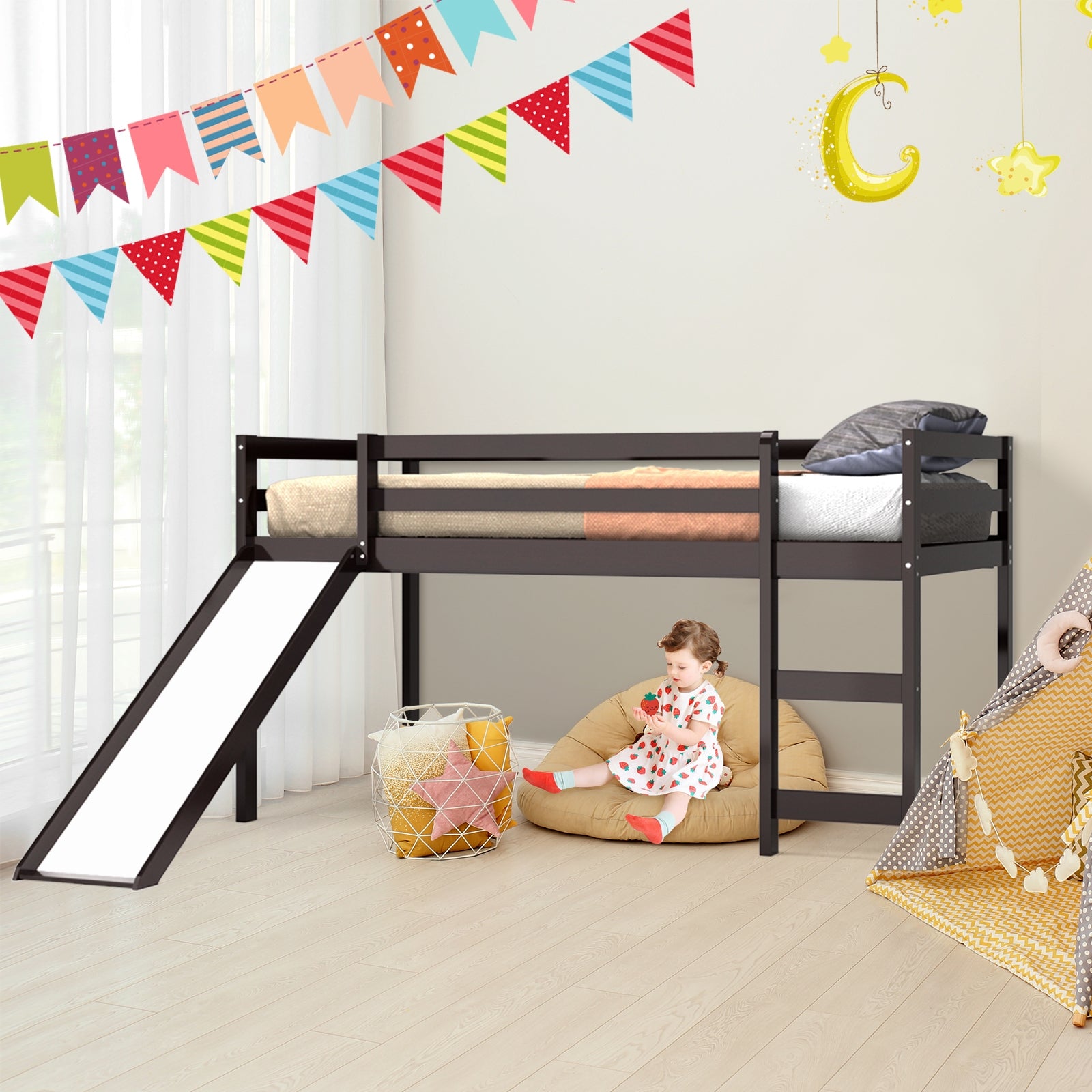 Twin Size Low Sturdy Loft Bed with Slide Wood -Dark Brown