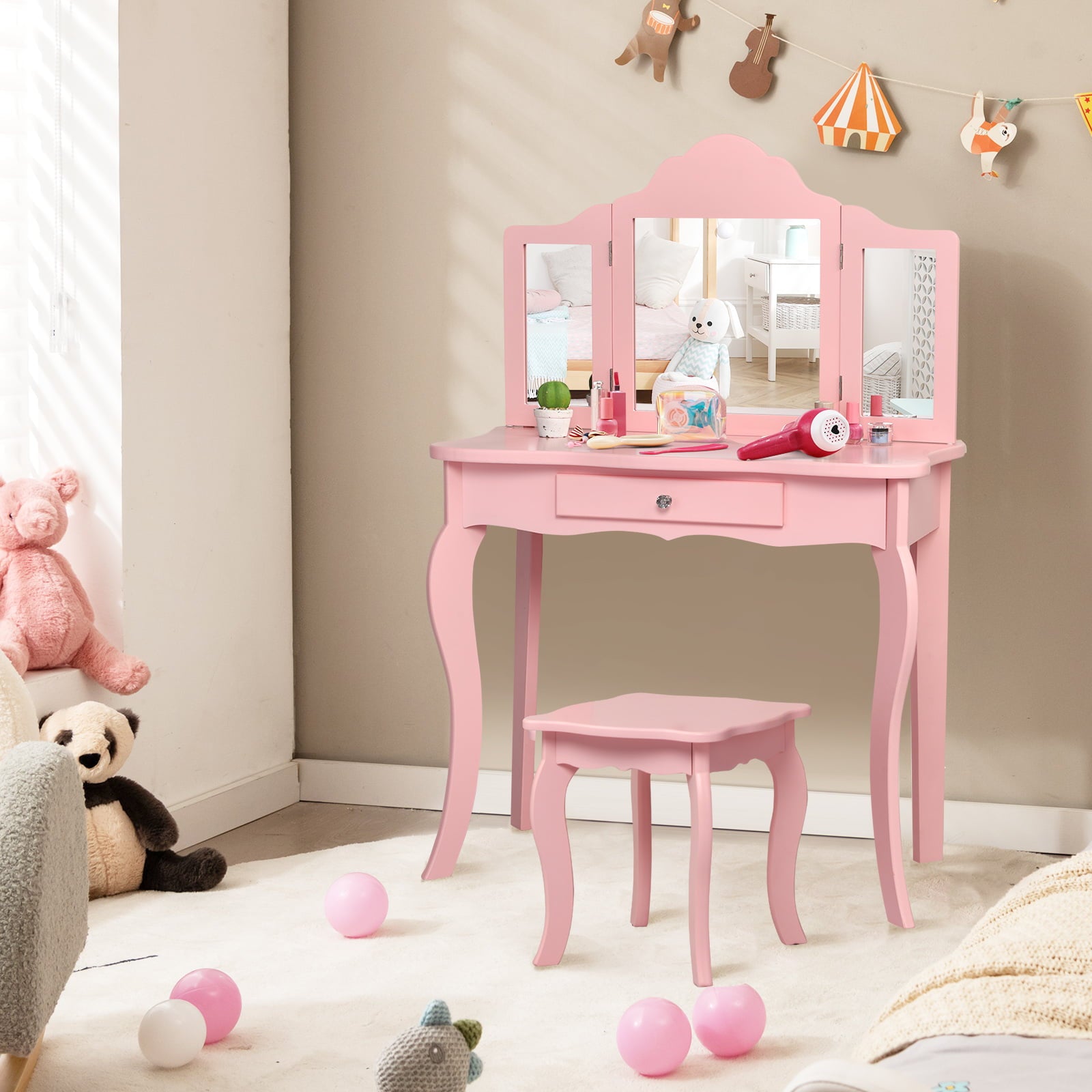 Kids Makeup Dressing Mirror Vanity Table Stool Set-PinkÂ 