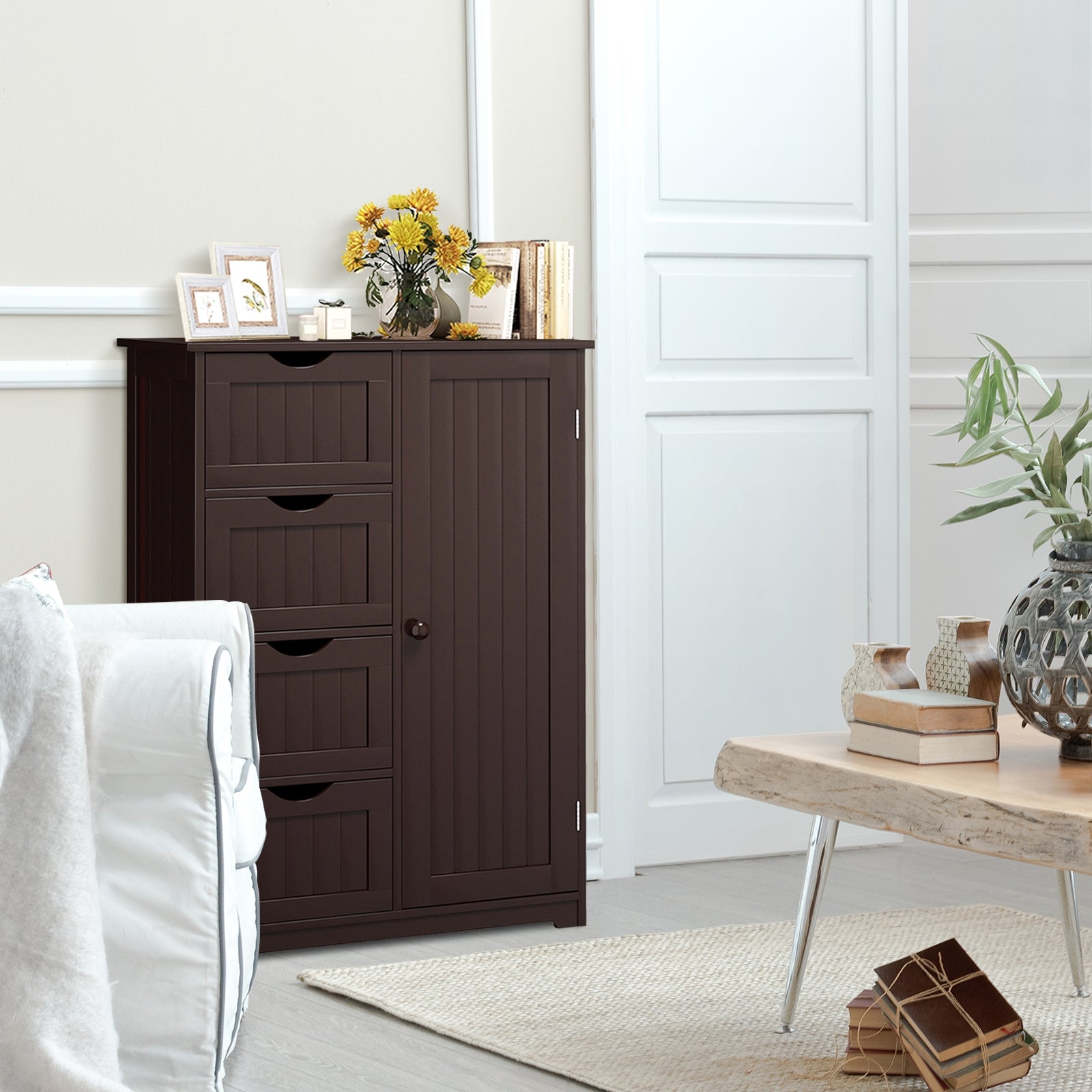 Standing Indoor Wooden Cabinet with 4 Drawers-Brown