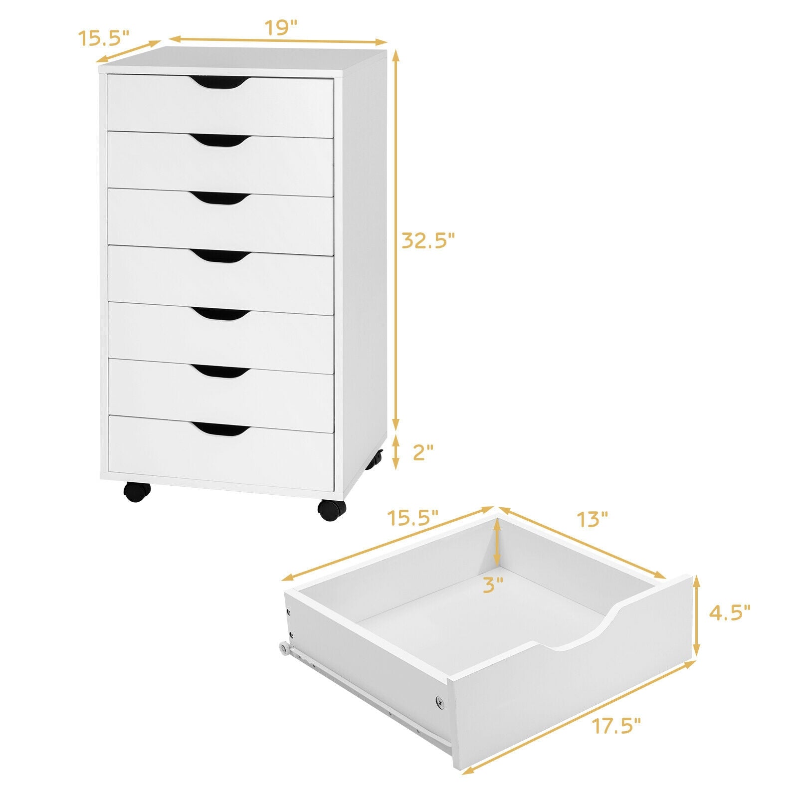 7-Drawer Chest Storage Dresser Floor Cabinet Organizer with Wheels-White