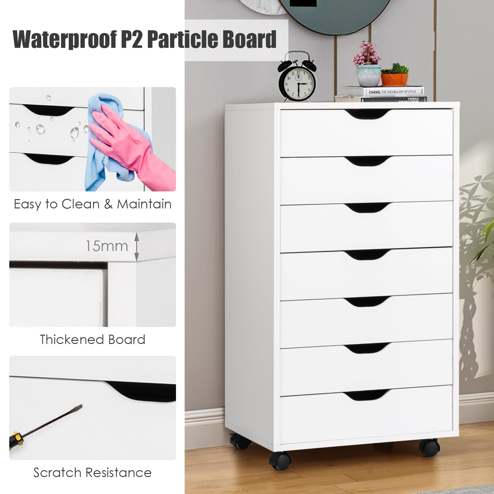 7-Drawer Chest Storage Dresser Floor Cabinet Organizer with Wheels-White