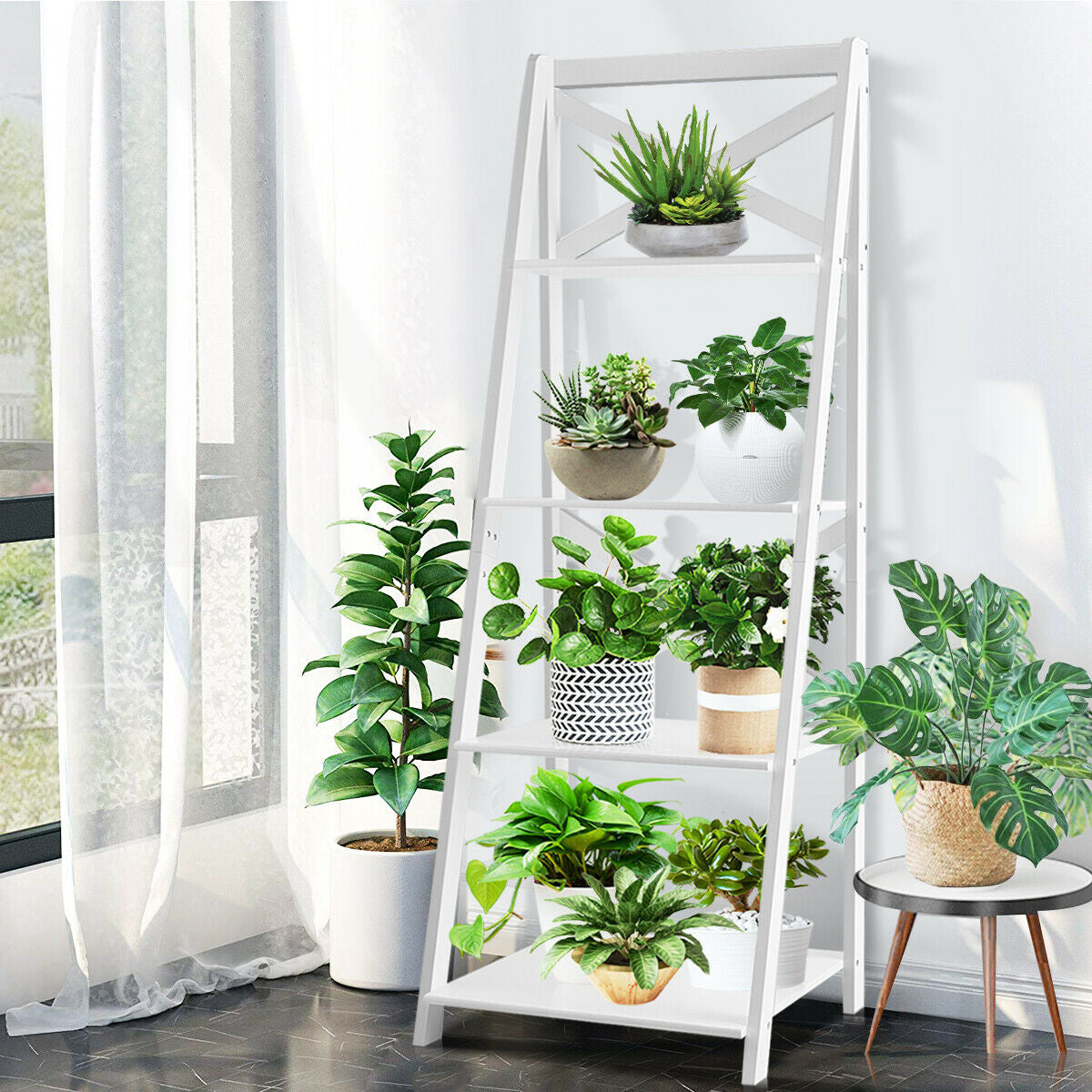 4-tier Leaning Free Standing Ladder Shelf Bookcase-White