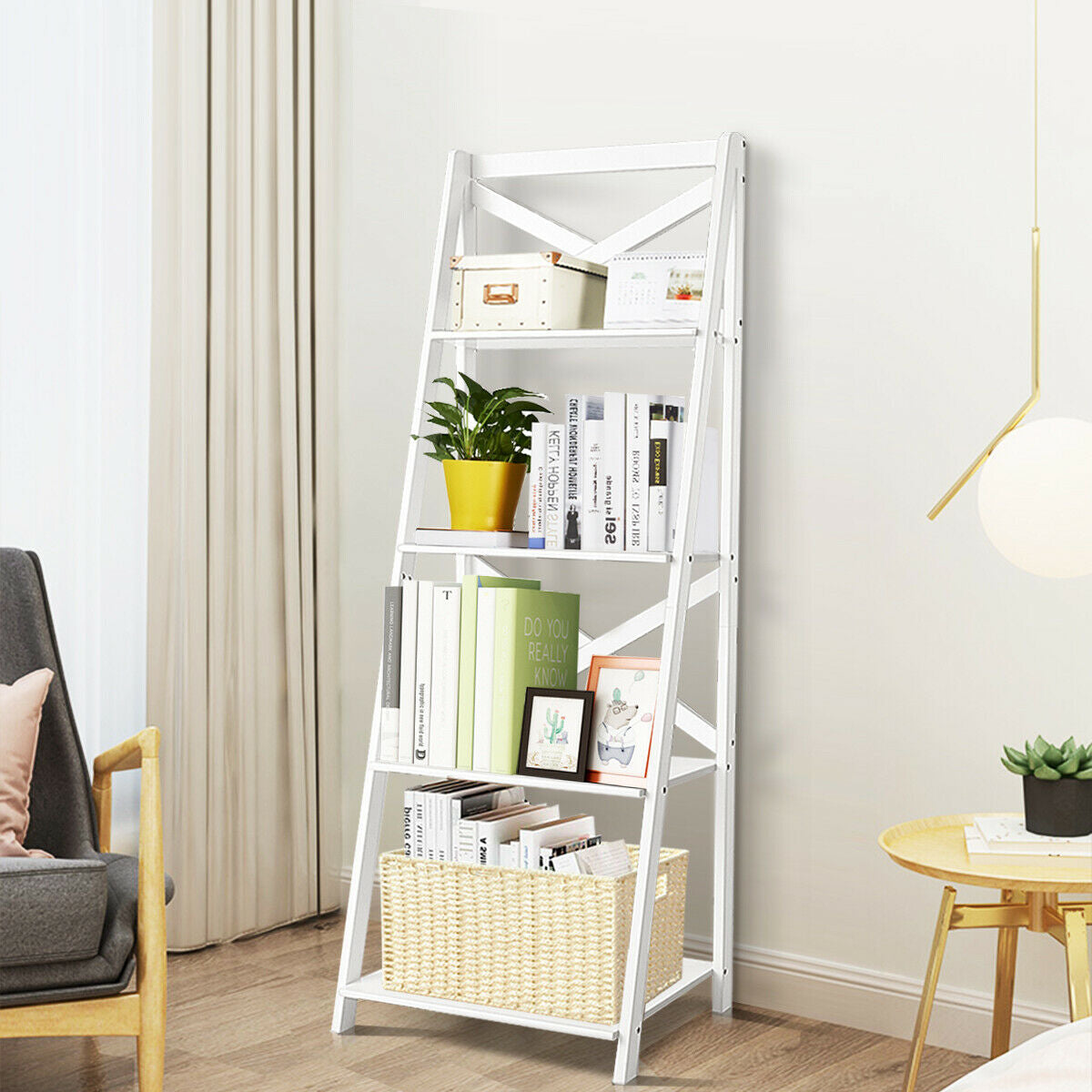 4-tier Leaning Free Standing Ladder Shelf Bookcase-White