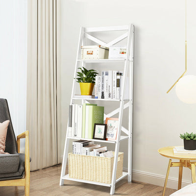 4-tier Leaning Free Standing Ladder Shelf Bookcase-White 