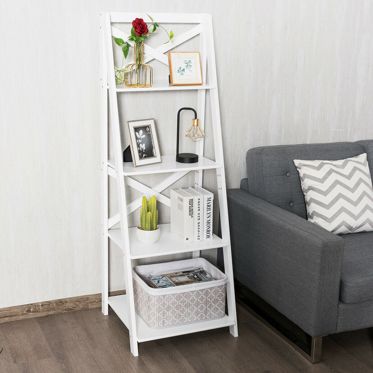 4-tier Leaning Free Standing Ladder Shelf Bookcase-White