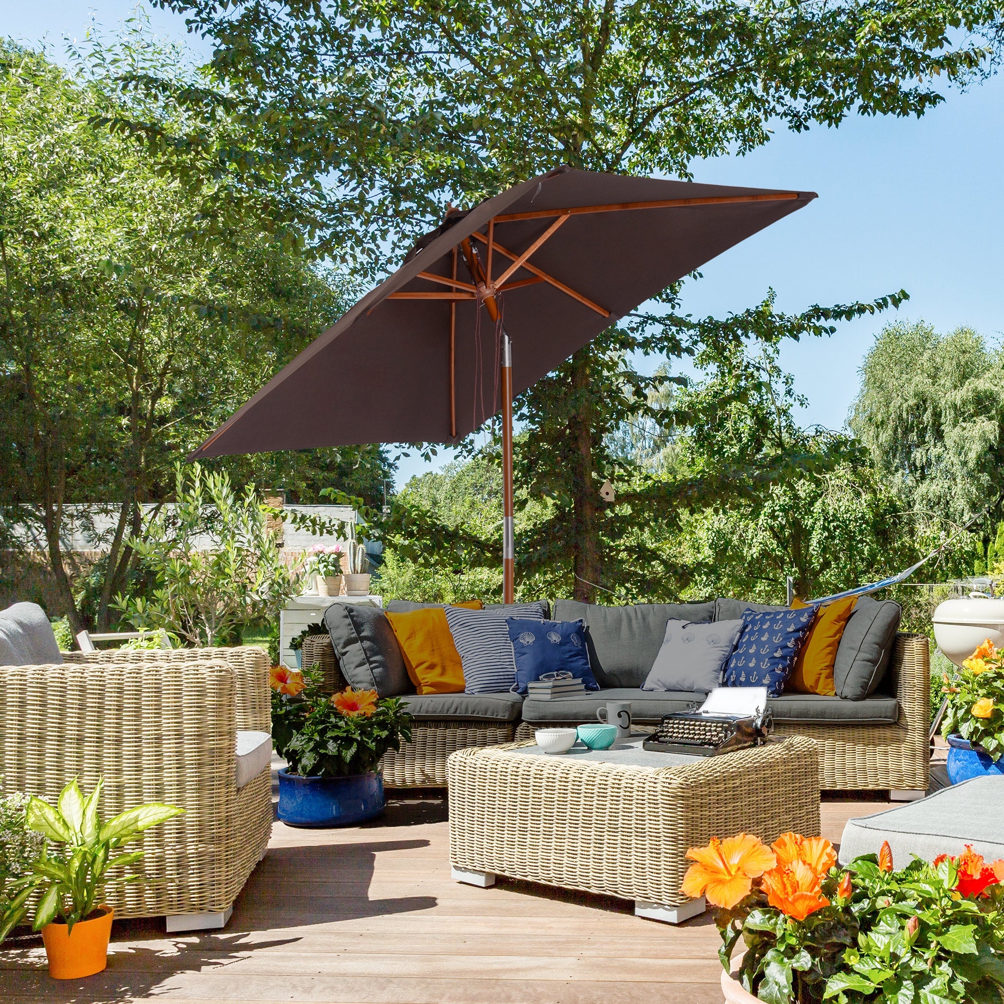 Outsunny 6.6x5ft Square Market Parasol, Wooden Patio Umbrella with Tilt Mechanism and 6 Bamboo Ribs, Garden Sunshade, Coffee 